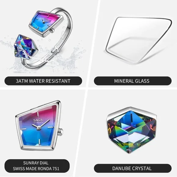 Women's Red Blue Cuff Bangle Quartz Watch Shaped Mineral Case Stainless Steel - Picture 3 of 7